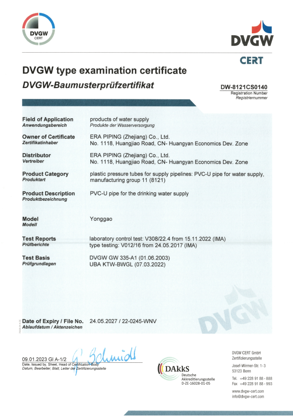 ERA-PVC U Grupo de tuberías 11-hasta 63 mm-DVGW证书-DW-8121CS0140