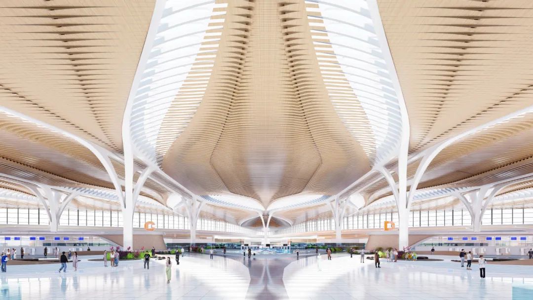 Interior de la terminal Eastern Hub con estructura de techo de celos&iacute;a