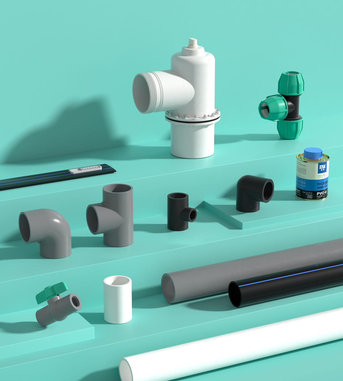 Gama de accesorios de riego ERA PVC-U con T de compresi&oacute;n, v&aacute;lvulas, tuber&iacute;as y cemento solvente